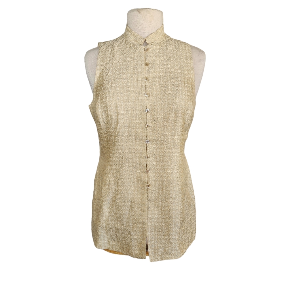 RENA ROWAN SILK BLEND LINED BUTTON DOWN SLEEVELESS VEST TAN GOLD SIZE 8 GUC
